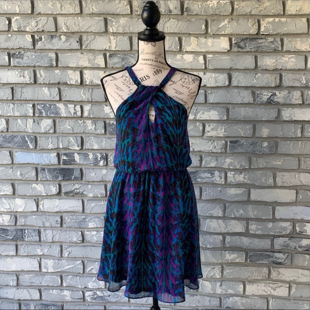 Express Halter Blue & Black Chiffon Dress Small